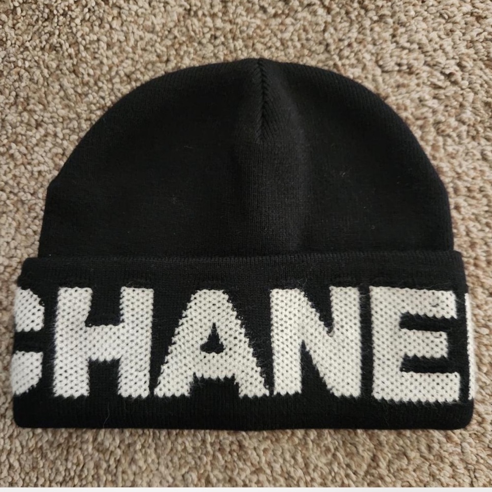 CHANEL Black and White Knit Beanie